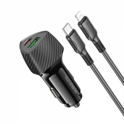 Автомобільний Зарядний Пристрій Borofone BZ31C 1Type-C/30W/PD + 1USB/18W/QC3.0 + (Type-C - Lightning) (Чорний)