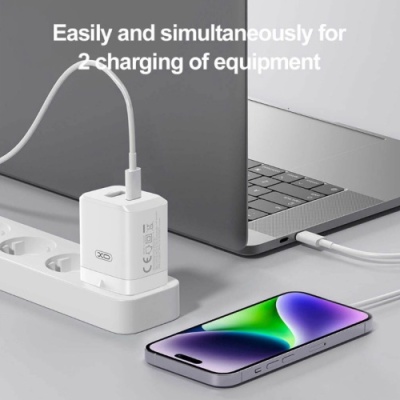 мережевий зарядний пристрій xo ce36 gan 1usb/18w/qc3.0 + 1type-c/45w/pd + (type-c - type-c) (бiлий) 