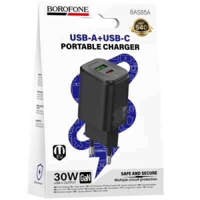 мережевий зарядний пристрій borofone bas85a pd30w + qc3.0 (1usb/1type-c/3a) (чорний) 