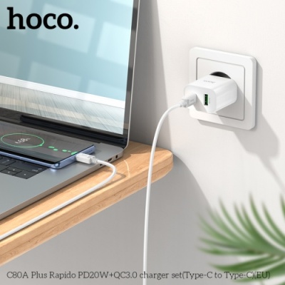 мережевий зарядний пристрій hoco c80a plus 1usb/18w/qc3.0 + 1type-c/20w/pd + (type-c - type-c) (білий) 