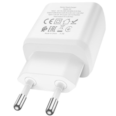 мережевий зарядний пристрій hoco n5 1usb/18w/qc3.0 + 1type-c/20w/pd (білий) 