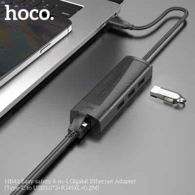 usb hub hoco hb42 4-in-1 (type-c to usb3.0*3+rj45 1gbps) (l=0.2m) (чорний) 