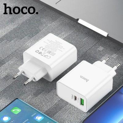 мережевий зарядний пристрій hoco c113a pd65w+ qc3.0 (1usb/1type-c) (білий) 