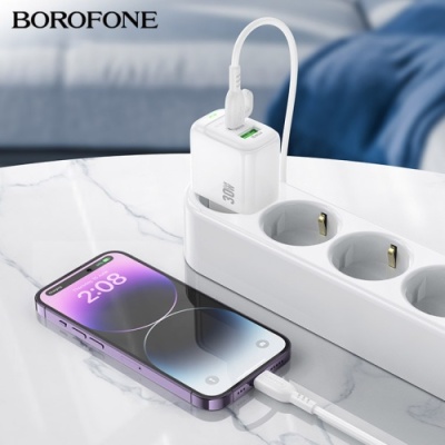 мережевий зарядний пристрій borofone bas45a 1usb/18w/qc3.0 + 1type-c/30w/pd (білий) 