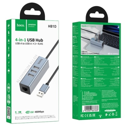 usb hub hoco hb1d 4in1 (usb to usb2.0*3+rj45) (сірий) 