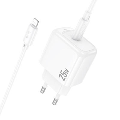 мережевий зарядний пристрій hoco cs53a 1type-c/25w/pd + (type-c - lightning) (бiлий) 