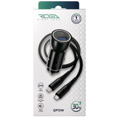 Автомобільний Зарядний Пристрій Ridea RCC-30115 QPow 1USB/1USB-C PD/QC 30W+Type-C to Lightning (Чорний)