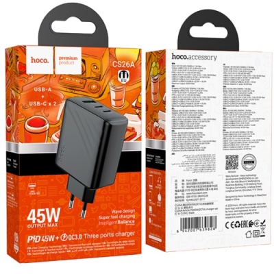 мережевий зарядний пристрій hoco cs26a pd45w+ qc3.0 (1usb/2type-c/3a) (чорний) 