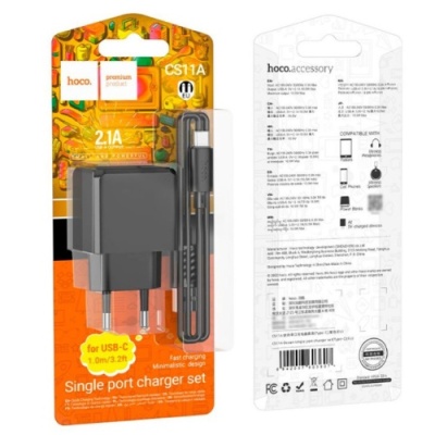 мережевий зарядний пристрій hoco cs11a 1usb/2.1a + (usb - type-c) (чорний) 