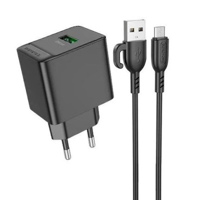 мережевий зарядний пристрій borofone bas12a 1usb/18w/qc3.0 + (usb - microusb) (чорний) 