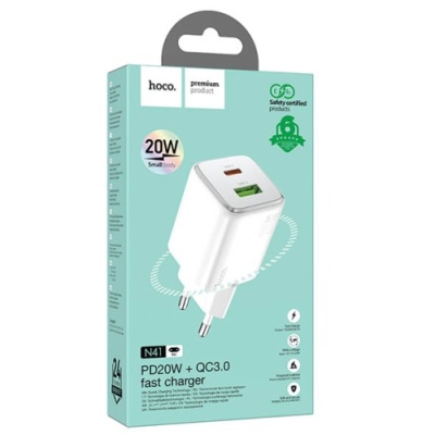 мережевий зарядний пристрій hoco n41 1usb/18w/qc3.0 + 1type-c/20w/pd (білий) 
