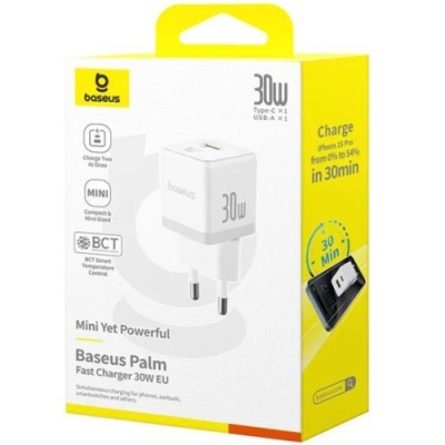 мережевий зарядний пристрій baseus palm fast charger (p1011160a213-00) 1usb/qc3.0 + 1type-c/pd 30w (білий) 