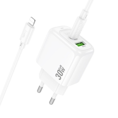 мережевий зарядний пристрій hoco cs55a 1usb/18w/qc3.0 + 1type-c/30w/pd + (type-c - lightning) (білий) 