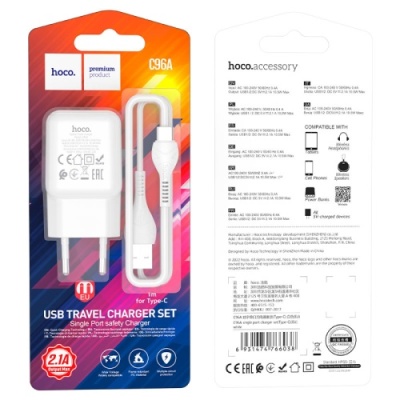 мережевий зарядний пристрій hoco c96a 1usb/2.1a + (usb - type-c) (білий) 
