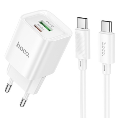 мережевий зарядний пристрій hoco c147a 1usb/18w/qc3.0 + 1type-c/20w/pd + (type-c - type-c) (білий) 