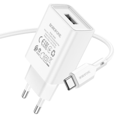 мережевий зарядний пристрій borofone ba68a 1usb/2.1a + (usb - type-c) (білий) 