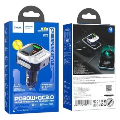 FM Модулятор Hoco E75 Bravery PD30W+QC3.0 car BT FM transmitter (Синiй)