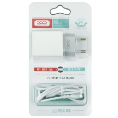 мережевий зарядний пристрій xo l65 2usb/2.4a + (usb - microusb) (бiлий) 