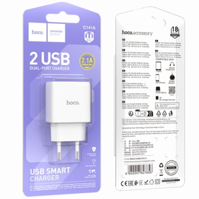 мережевий зарядний пристрій hoco c141a 2usb/2.1a (білий) 