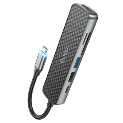 usb hub hoco hb24 easy display type-c multi-f adapter (hdmi+usb3.0+usb2.0+sd+tf+pd) metal gray 