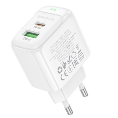 мережевий зарядний пристрій borofone bas44a 1usb/18w/qc3.0 + 1type-c/20w/pd (білий) 