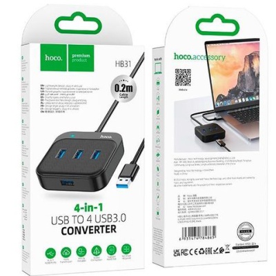 usb hub hoco hb31 easy 4-in-1 converter (usb to usb3.0*4) 0,2m. black 