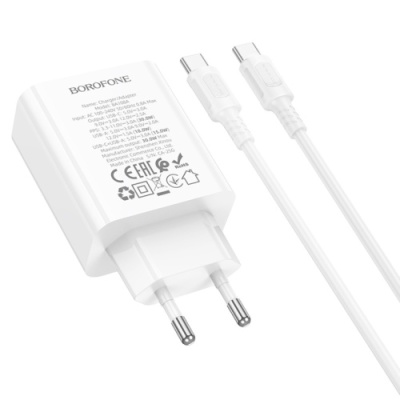 мережевий зарядний пристрій borofone ba108a 1usb/18w/qc3.0 + 1type-c/30w/pd + (type-c - type-c) (білий) 