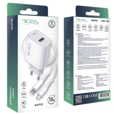 мережевий зарядний пристрій ridea rw-18121 rapid 1usb qc 18w+type-c (бiлий) 