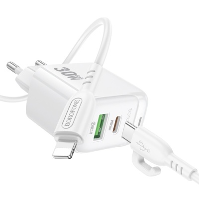 мережевий зарядний пристрій borofone bas45a 1usb/18w/qc3.0 + 1type-c/30w/pd + (type-c - lightning) (білий) 