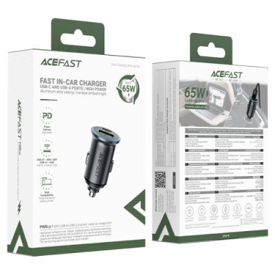 Автомобільний Зарядний Пристрій Acefast B15 PD + QC 3.0 (1 Type-C/1 USB/3A/65W) (сірий)