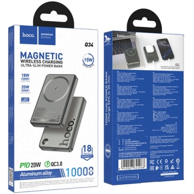 додаткова батарея power bank hoco q34 clever pd20w magnetic with digital display 10000mah (сірий) 