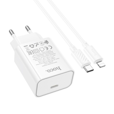 мережевий зарядний пристрій hoco c143a 1type-c/20w/pd + (type-c - lightning) (білий) 