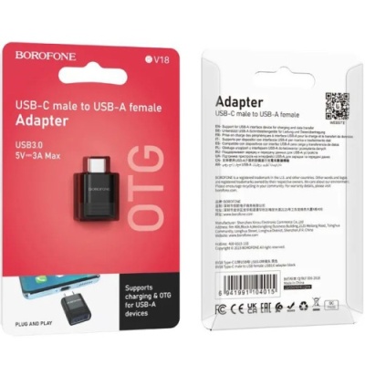 перехідник borofone bv18 type-c male - usb 3.0 female (чорний) 