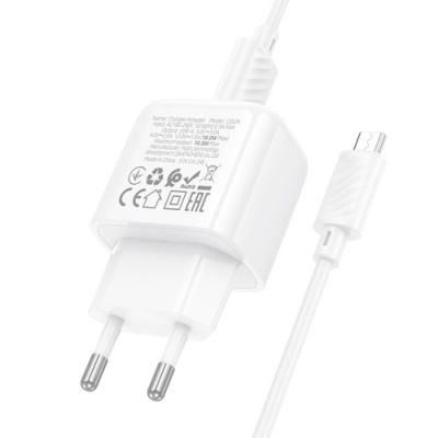 мережевий зарядний пристрій hoco cs52a 1usb/18w/qc3.0 + (usb - microusb) (білий) 