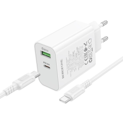 мережевий зарядний пристрій borofone ba108a 1usb/18w/qc3.0 + 1type-c/30w/pd + (type-c - type-c) (білий) 