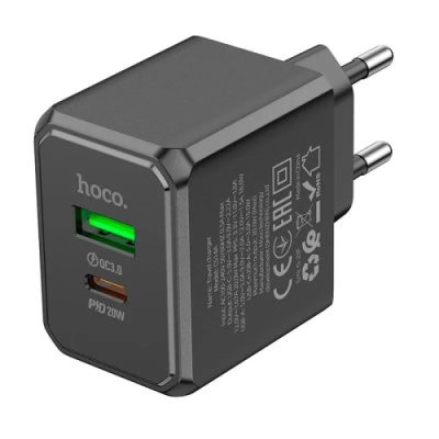 мережевий зарядний пристрій hoco cs14a 1usb/18w/qc3.0 + 1type-c/20w/pd (чорний) 