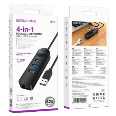 usb hub borofone dh6 (usb to usb3.0*3+rj45) 1,2м - чорний 