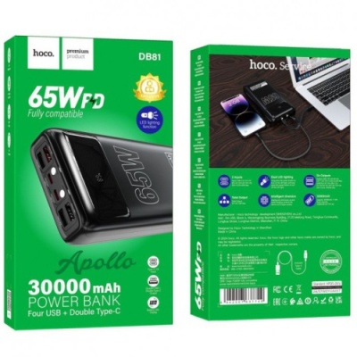 додаткова батарея power bank hoco db81 apollo pd65w+qc3.0 22.5w 30000 mah (чорний) 