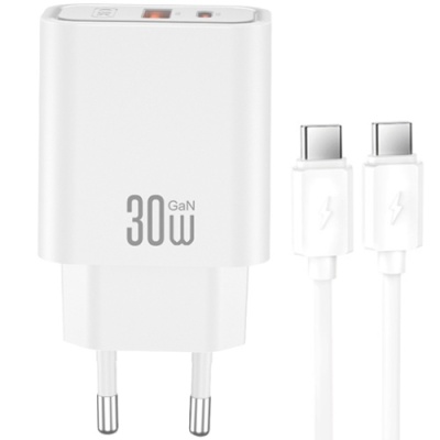 мережевий зарядний пристрій xo ce42 1usb/18w/qc3.0 + 1type-c/30w/pd + (type-c - type-c) (бiлий) 