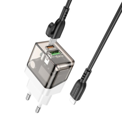 мережевий зарядний пристрій borofone ba80a 1usb/18w/qc3.0 + 1type-c/20w/pd + (type-c - lightning) (прозоро-чорний) 