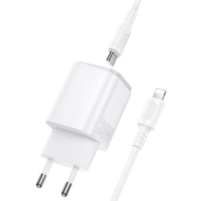 мережевий зарядний пристрій borofone bas83a pd20w + qc3.0 (1usb/1type-c/3a) + type-c - lightning (білий) 