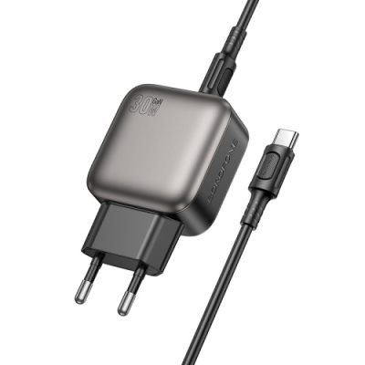 мережевий зарядний пристрій borofone bas55a gan 1usb/20w/qc3.0 + 1type-c/30w/pd + (type-c - type-c) (чорний) 