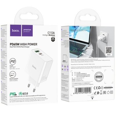 мережевий зарядний пристрій hoco c113a pd65w+ qc3.0 (1usb/1type-c) (білий) 