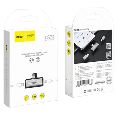перехідник hoco ls24 lightning - (lightning audio+lightning charge) (сталевий) 