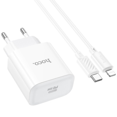 мережевий зарядний пристрій hoco c76a pro 1type-c/30w/qc3.0/pd + (type-c - lightning) (білий) 