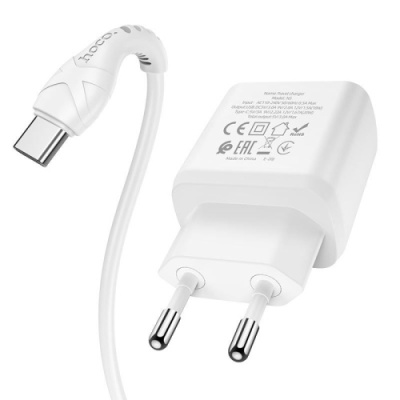 мережевий зарядний пристрій hoco n5 1usb/18w/qc3.0 + 1type-c/20w/pd + (type-c - type-c) (білий) 