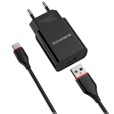 мережевий зарядний пристрій borofone ba20a 1usb/2.1a + (usb - type-c) (чорний) 