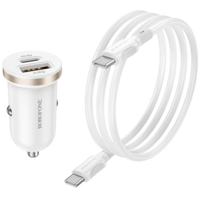 Автомобільний Зарядний Пристрій Borofone BZ22 1USB/18W/QC3.0 + 1Type-C/30W/PD + (Type-C - Type-C) (Бiлий)