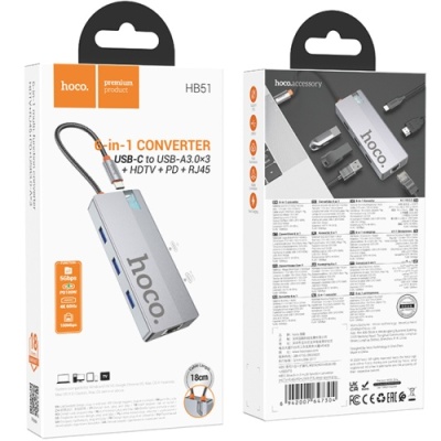 usb hub hoco hb51 type-c 6-in-1 (hdtv+rj45-100mbps+pd+usb3.0*3) (сірий) 