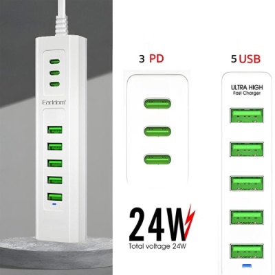 мережевий подовжувач earldom es-sc12 eu 8in1 5xusb + 3xusb-c/1м (білий) 